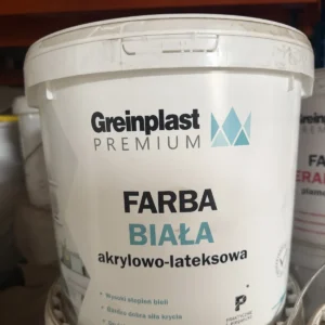 Wiadro białej farby akrylowo-lateksowej Greinplast Premium w magazynie hurtowni Szach-Mat w Kłobucku
